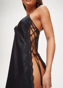 Rosalie Satin Lace Trim Chemise Lingerie - Black