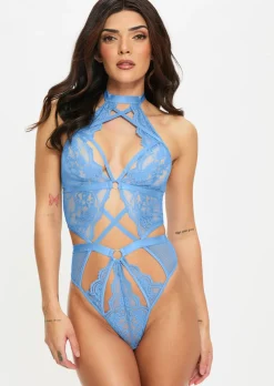 Rosella Lace Halterneck Crotchless Lingerie Body - Light Blue