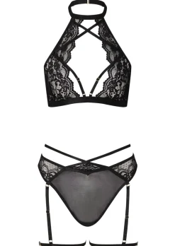 Rosella Lace Halterneck Crotchless Lingerie 2 Piece Set - Black