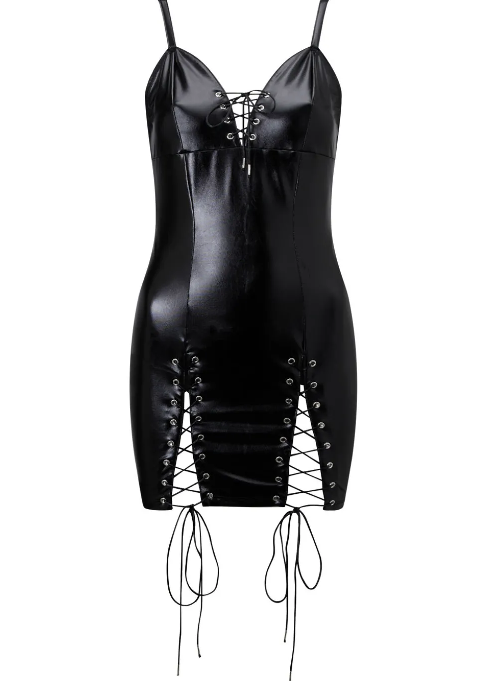 Saskia PU Lace Up Zip Through Back Erotic Mini Dress - Black