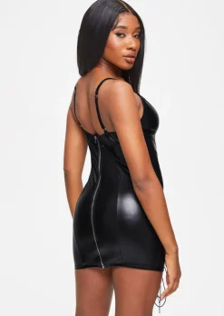 Saskia PU Lace Up Zip Through Back Erotic Mini Dress - Black