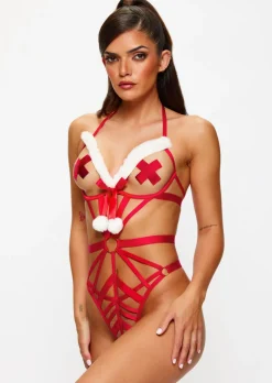 Saucy Santa Peek-A-Boo Christmas Body with Faux Fur Trim - Red