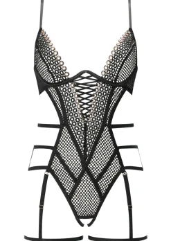 Seductive Aura Guipure Fishnet Crotchless Lingerie Body - Black