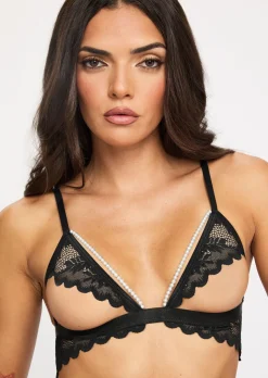 Seductive Whispers Lace Pearl Crotchless 2 Piece Set - Black