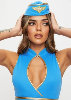Sexy Air Hostess 2 Piece Costume with Hat - Light Blue