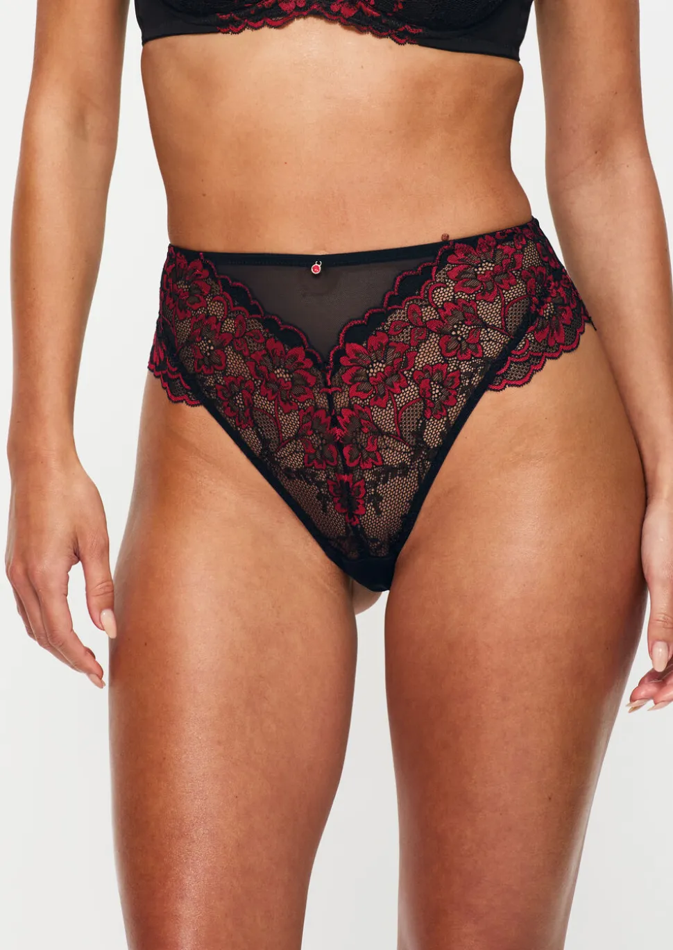 Sexy Lace High Waisted Brazilian Knickers - Black/Red
