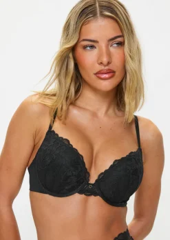 Sexy Lace Padded Boost Plunge Bra - Black