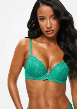 Sexy Lace Padded Plunge Bra - Green