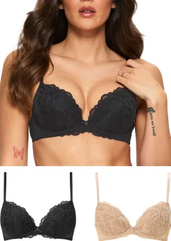 Sexy Lace Padded Plunge Bra - Pack of 2 - Black/Nude