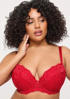 Sexy Lace Padded Plunge Bra - Red