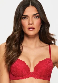 Sexy Lace Padded Plunge Bra - Red