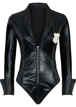Sexy Police Officer Fancy Dress PU Body with Handcuffs - Black