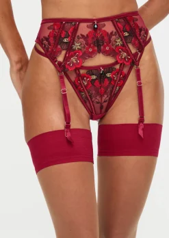 Shimmering Suspender Belt - Dark Red