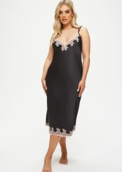 Sorella Satin Lace Maxi Chemise Lingerie - Black