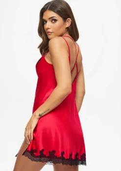 Sorella Satin Lace Trim Chemise Lingerie - Red