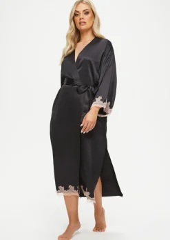 Sorella Satin Lace Trim Maxi Robe - Black