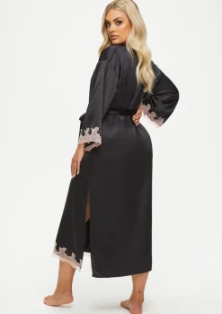 Sorella Satin Lace Trim Maxi Robe - Black