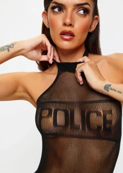 Sultry Sergeant Crotchless Police Body Costume with Suspenders - Black