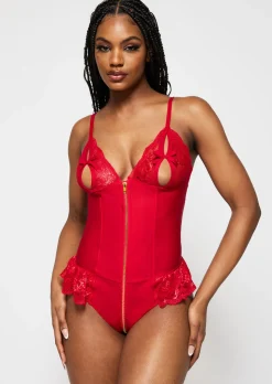 Tasha PU Peep Hole Zip Through Crotchless Teddy Lingerie - Red