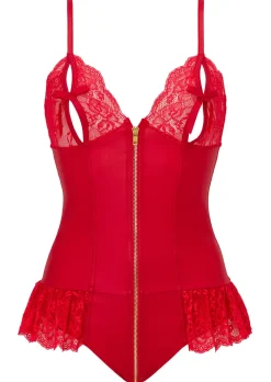 Tasha PU Peep Hole Zip Through Crotchless Teddy Lingerie - Red