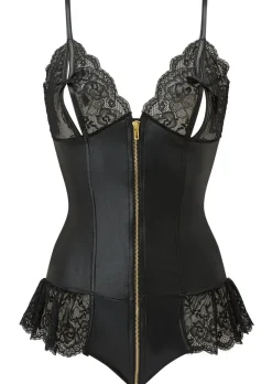Tasha PU Peep Hole Zip Through Crotchless Teddy Lingerie - Black
