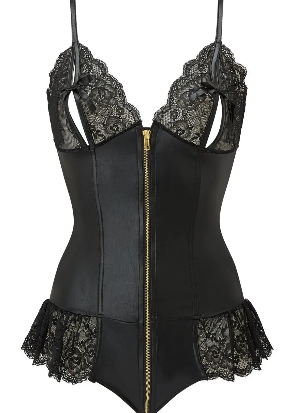 Tasha PU Peep Hole Zip Through Crotchless Teddy Lingerie - Black