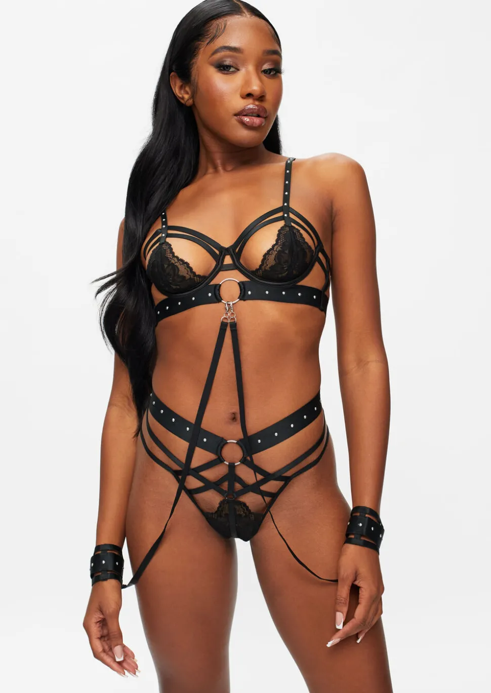 Unleash Me Lace Crotchless Lingerie 3 Piece Set - Black