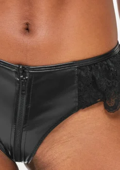 Unzipped PU & Lace Crotchless Brazilian Knickers - Black