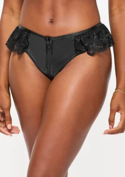 Unzipped PU & Lace Crotchless Brazilian Knickers - Black
