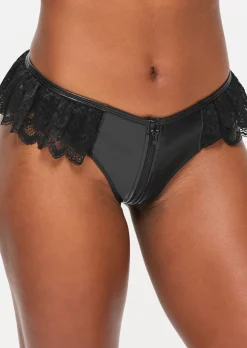 Unzipped PU & Lace Crotchless Brazilian Knickers - Black