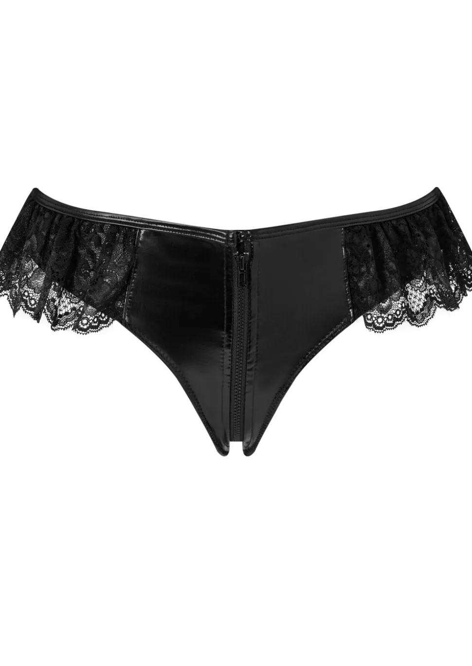 Unzipped PU & Lace Crotchless Brazilian Knickers - Black