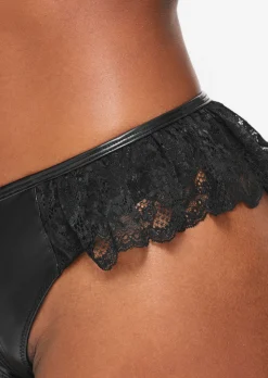 Unzipped PU & Lace Crotchless Brazilian Knickers - Black