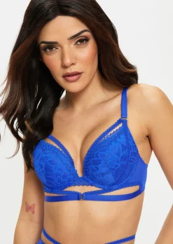 Yours Truly Lace Padded Plunge Bra - Cobalt