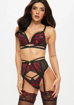 Yours Truly Lace Padded Plunge Bra - Black/Red