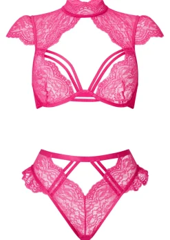 Zalia Lace Crotchless Lingerie 2 Piece Set - Bright Pink
