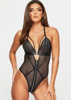 Zorah Fishnet Zip Peephole Crotchless Lingerie Body - Black
