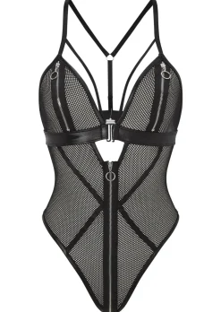 Zorah Fishnet Zip Peephole Crotchless Lingerie Body - Black