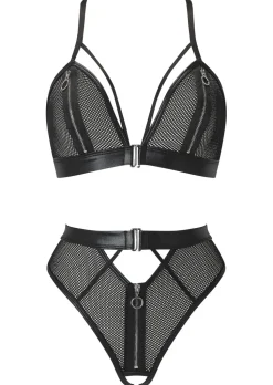 Zorah Fishnet Zip Peephole Crotchless Lingerie 2 Piece Set - Black