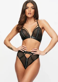 Zorah Fishnet Zip Peephole Crotchless Lingerie 2 Piece Set - Black
